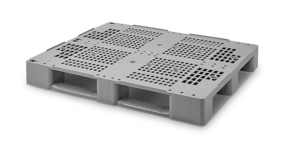 Kunststoffpalette 1200x1000, offenes Deck, 3 Kufen, 4 Stahlrohr-Verstärkung
