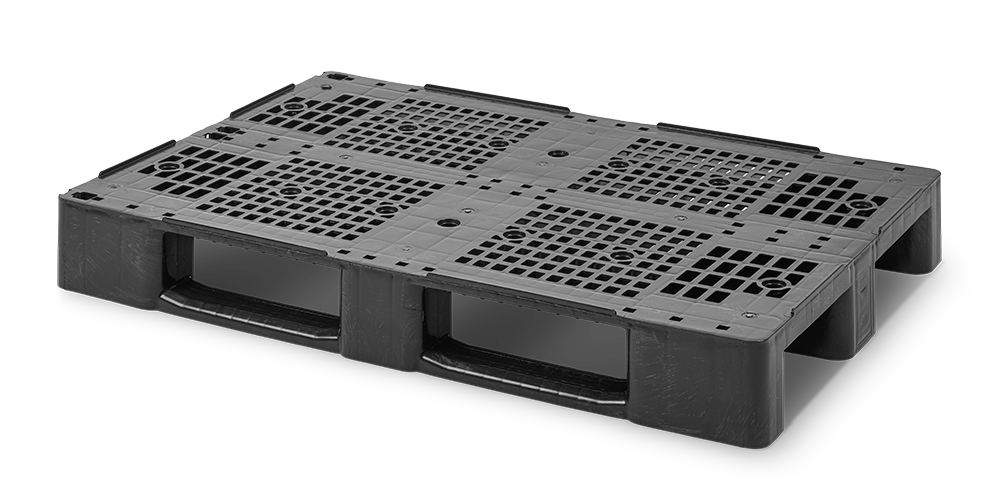 Kunststoffpalette 1200x800, offenes Deck, 3 Kufen, 3 Stahlrohr-Verstärkung