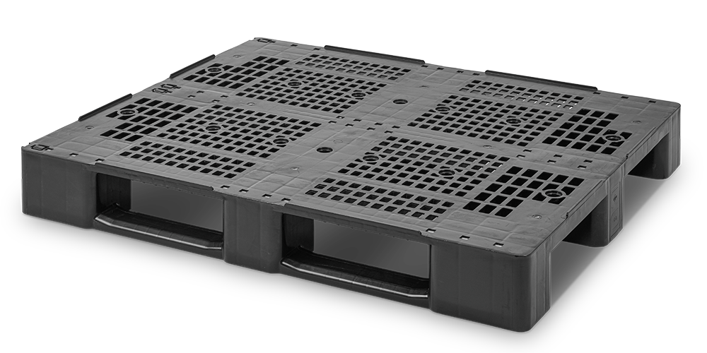 Kunststoffpalette 1200x1000, offenes Deck, 3 Kufen, 4 Stahlrohr-Verstärkung