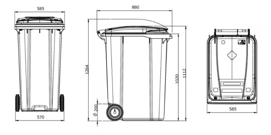 Basurero de 360 litros con Tapa Abatible y ruedas D.200 mm.